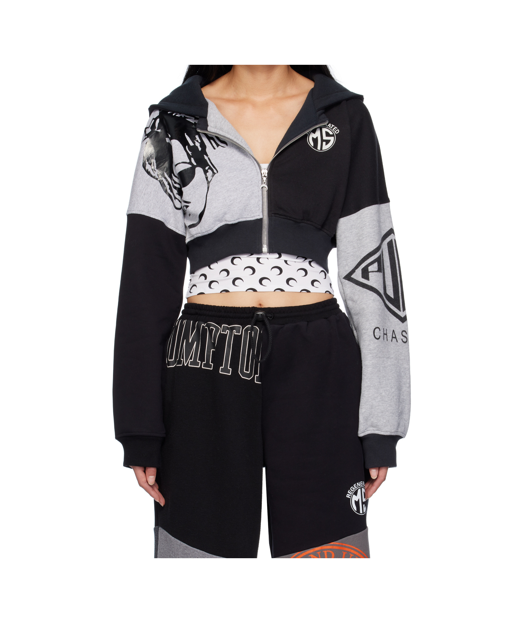 Marine Serre Black & Gray Upcycled Graphic Cropped Zipped Hoodie In Black