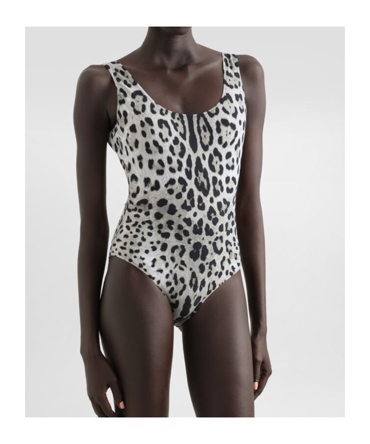 Dolce & Gabbana Leopard Print Olympic One-piece Swimsuit In Gray