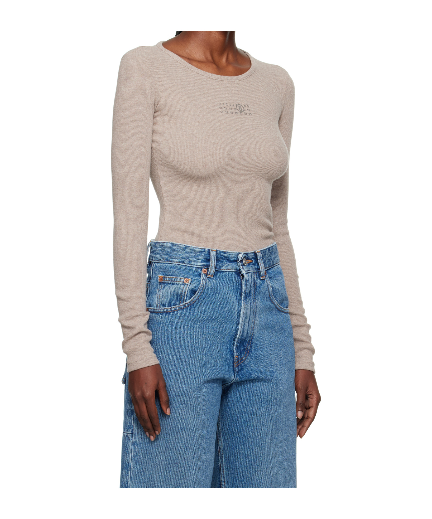 Mm6 Maison Margiela Taupe Wool-blend Rib Jersey Long-sleeved T-shirt In Neutral