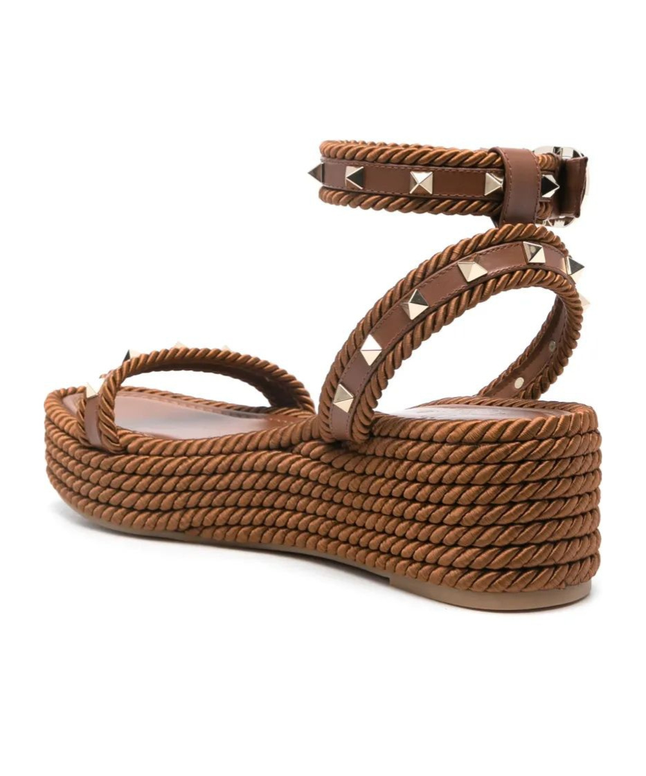 Valentino Studded Leather Cork Wedge Sandals In Brown