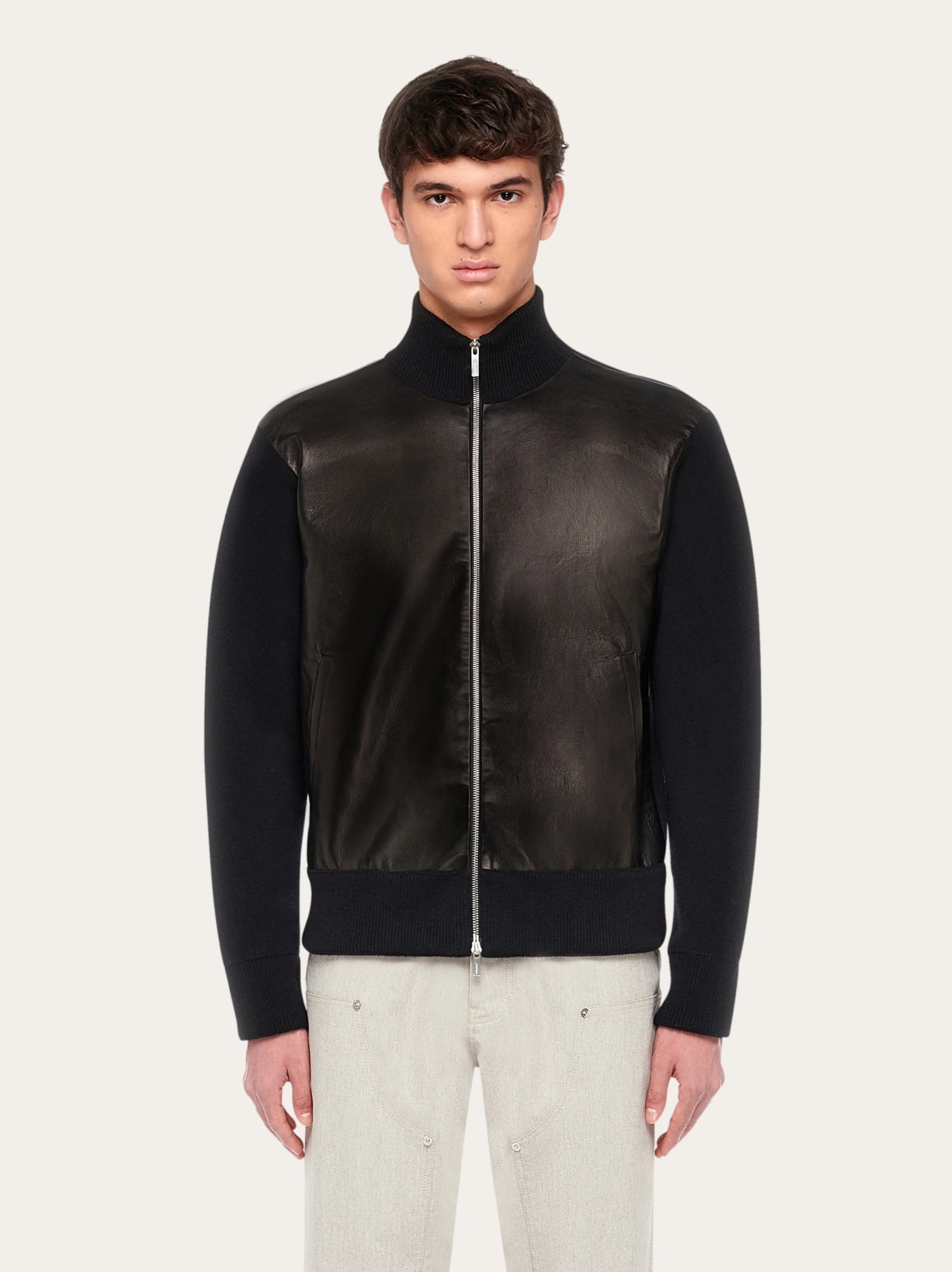 Ferragamo Luxury Wool And Leather Zip Cardigan For Men In Black