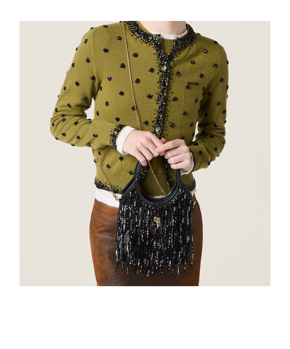 Miu Miu Ivy Satin Handbag With Crystal And Sequin Fringe In Black