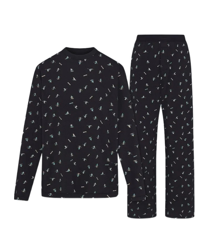 Skims Long-sleeved Pajamas And Pants Two-piece Set In Washed Onyx Ski Print