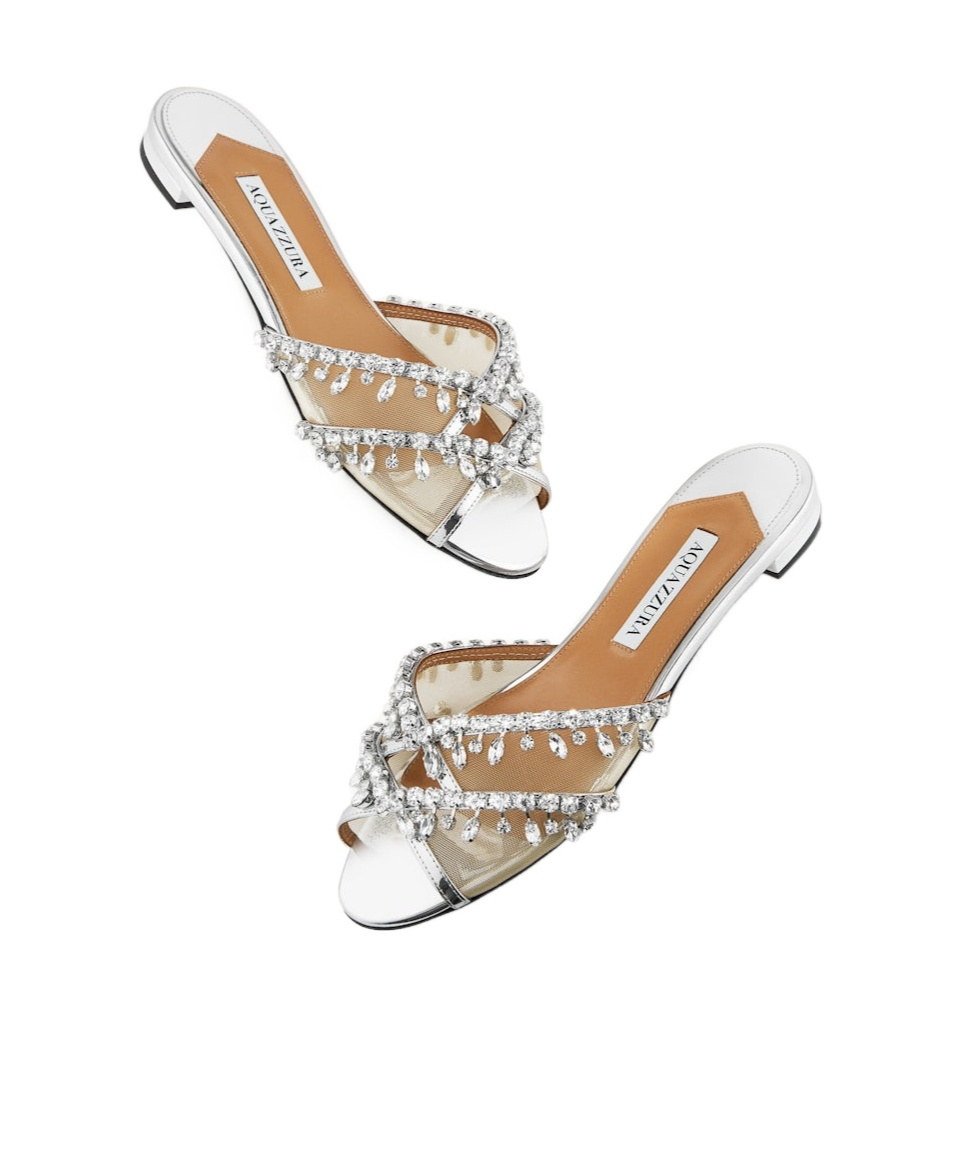 Aquazzura Temptation Crystal-embellished Mesh-trimmed Metallic Leather Slides In White