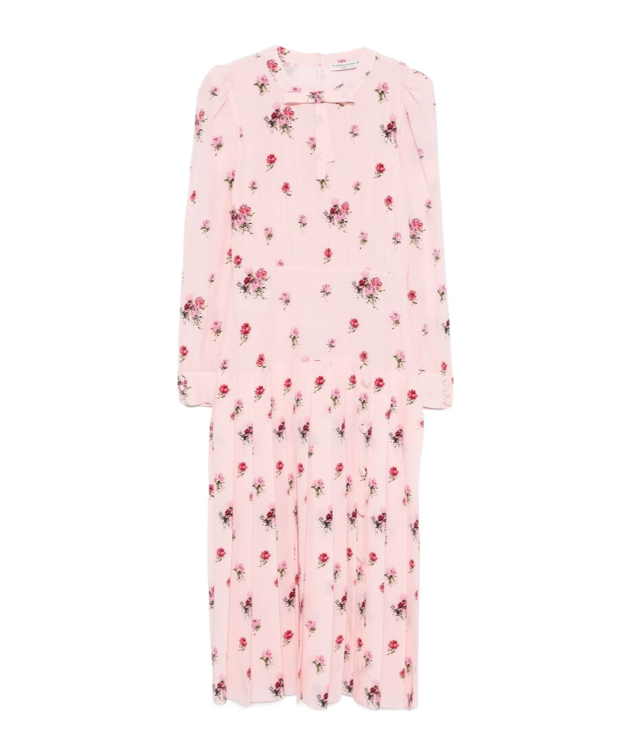Alessandra Rich Bow-detailed Floral-print Silk Crepe De Chine Midi Dress In Pink
