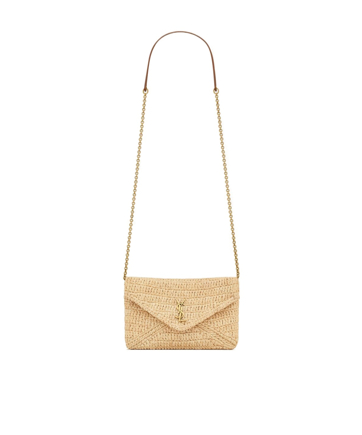 Saint Laurent Cassandre Chain Pouch In Raffia In Brown