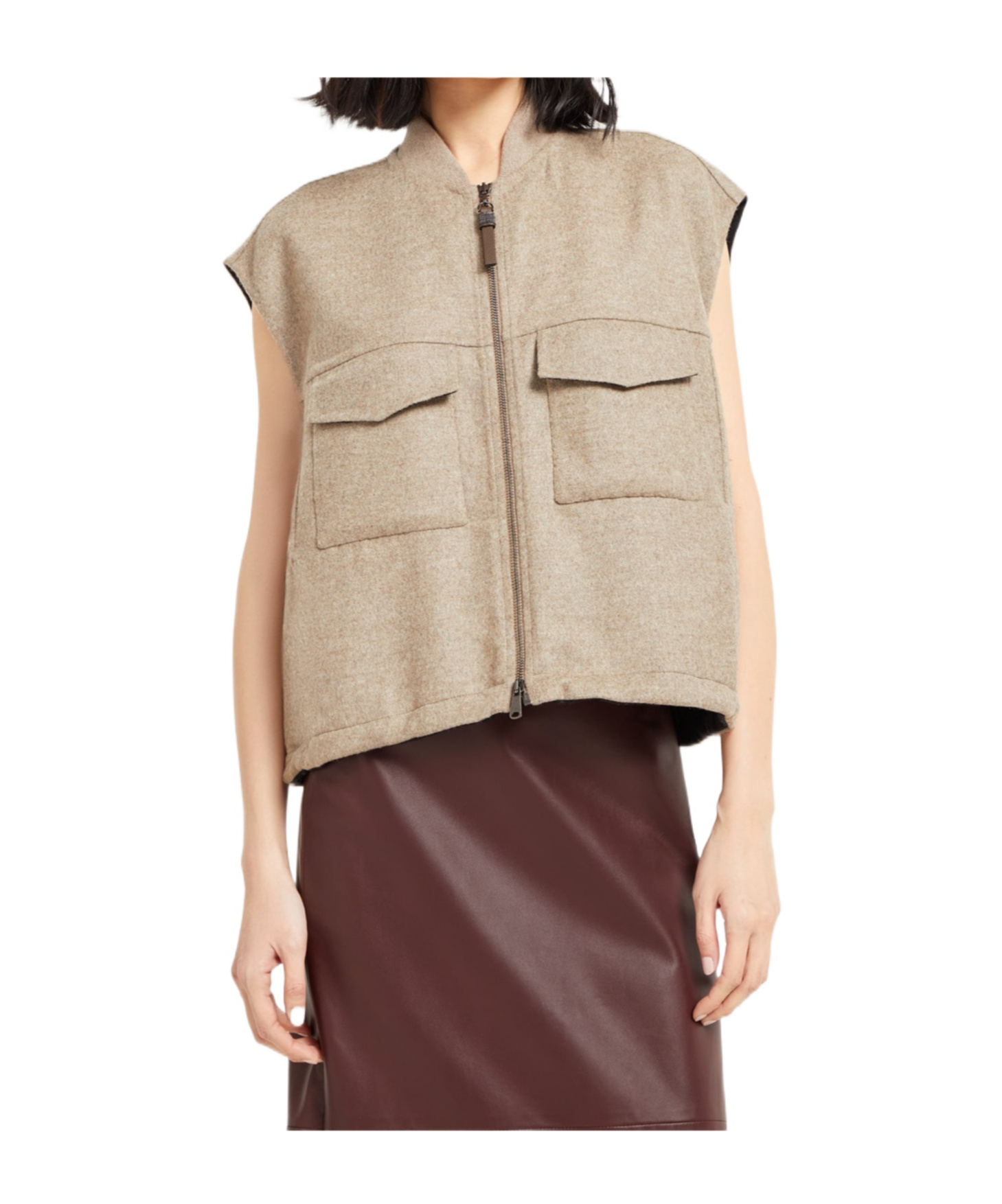 Brunello Cucinelli Zip-up Fluid Double Face Wool Vest In Brown