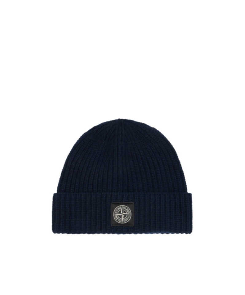 Stone Island Beanie With Compass Patch And Ribbed Cuff In Blue