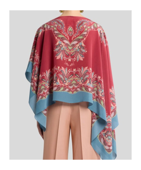 Etro Asymmetric Silk Poncho Top With Placed Print In Red