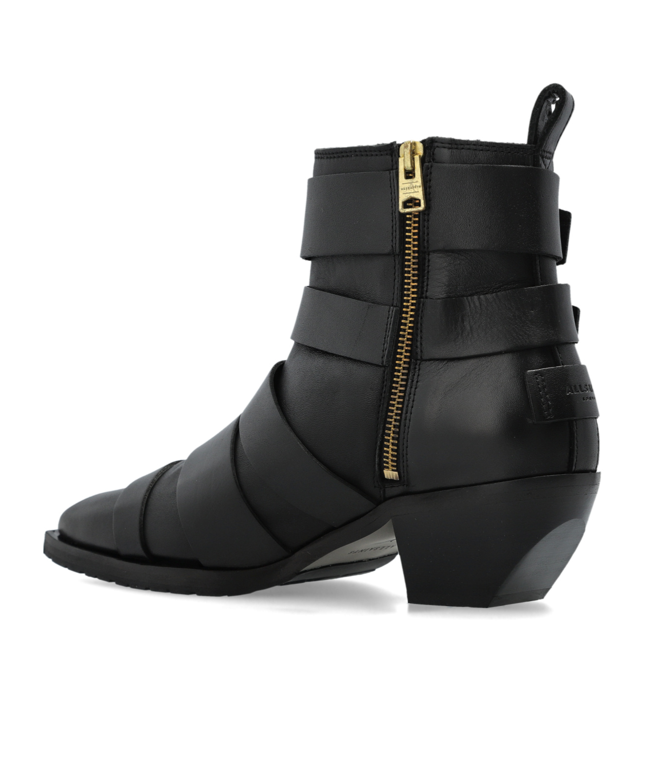 Allsaints Jane Buckle Pointed Leather Boots In Black