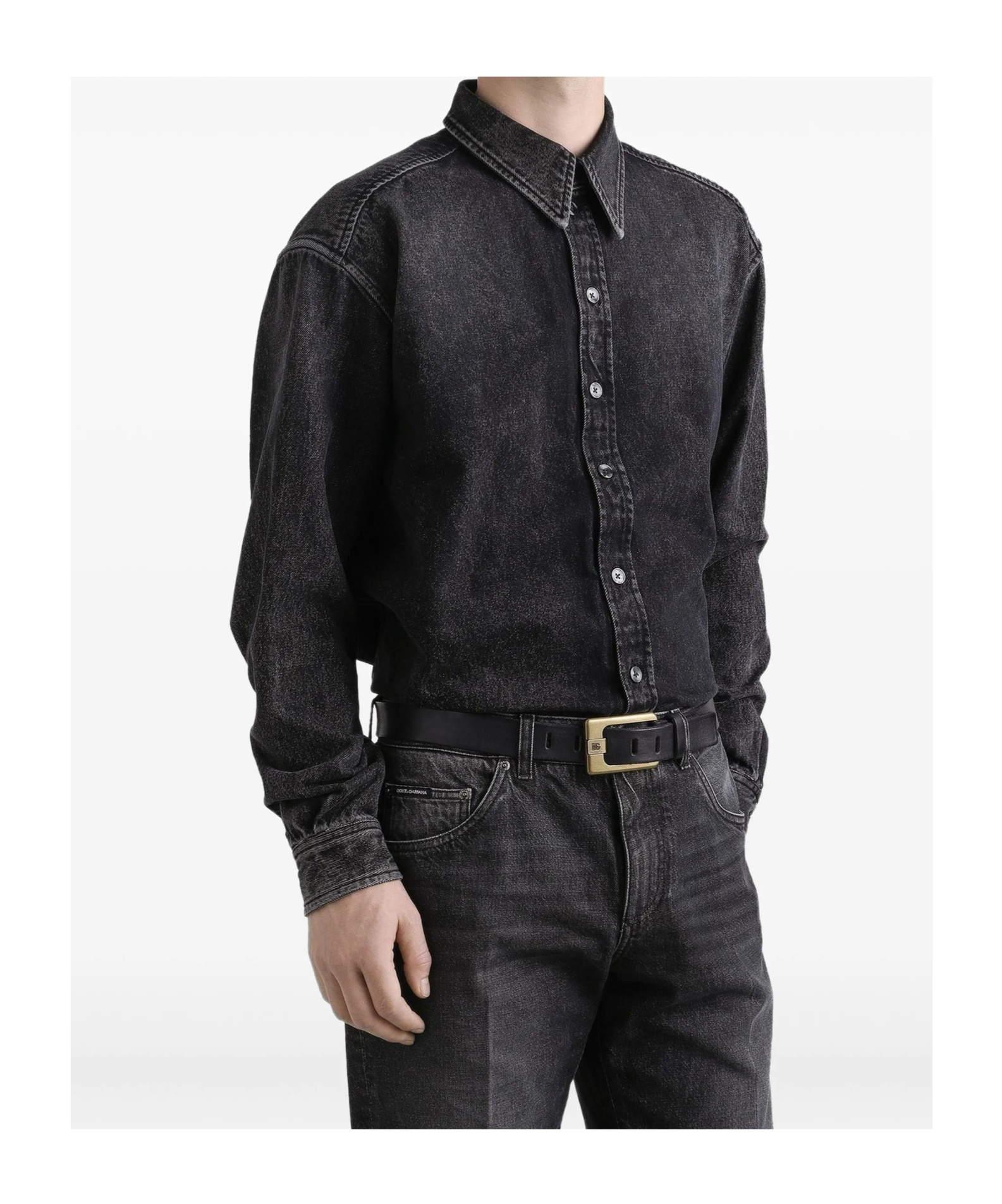 Dolce & Gabbana Denim Texture Long Sleeves Point Collar Shirt In Black