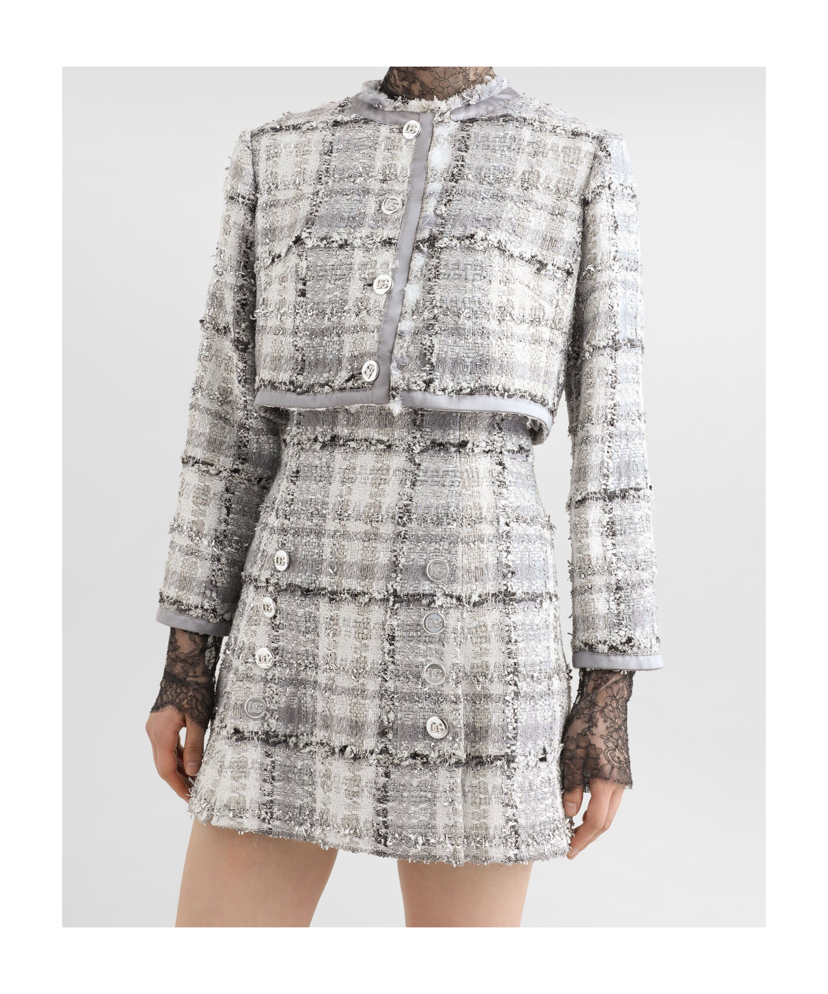 Dolce & Gabbana Gray Short Check Lurex Raschel Tweed Jacket In Grey