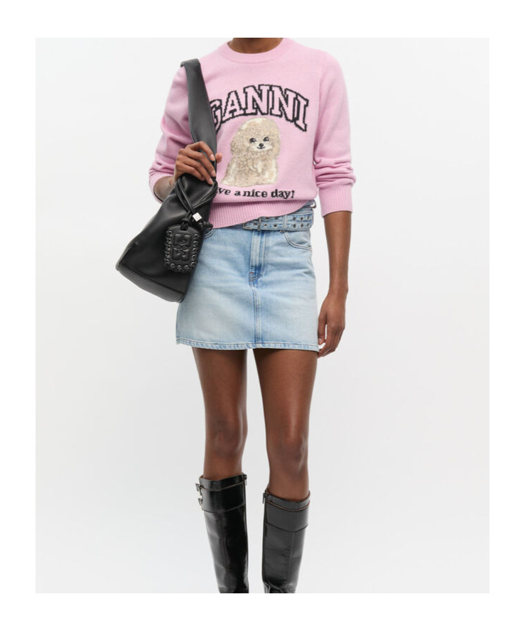 Ganni Womens Chalk Pink Poodle Logo-motif Wool-blend Knit Jumper Xs In Pink