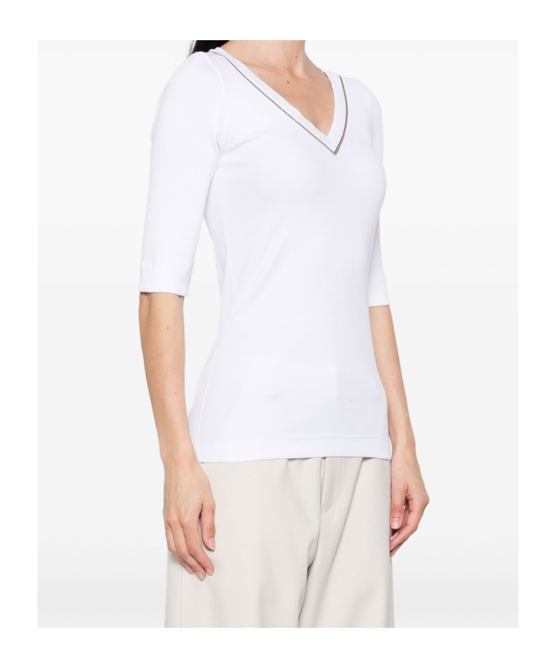 Brunello Cucinelli Ribbed V-neck 3/4 Sleeves Crewneck Contrast Trim In White