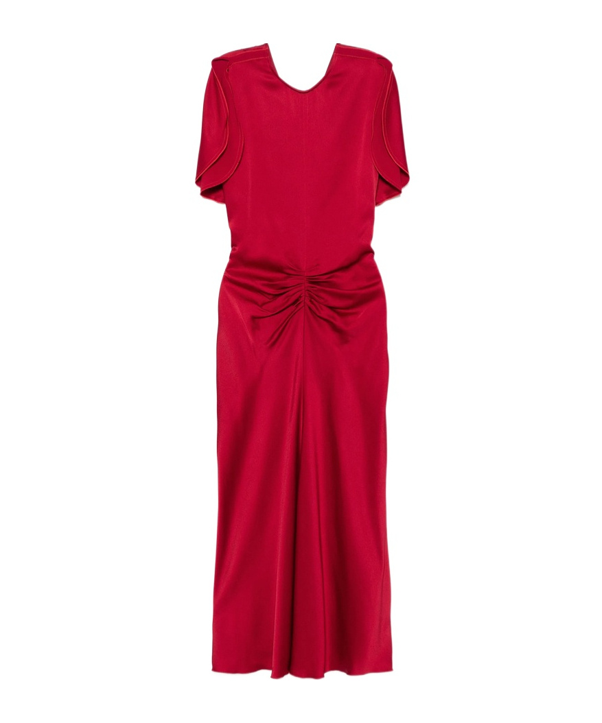 Victoria Beckham Red Crewneck Midi Dress With Gathered Waist And Rear Zip Closure In Red