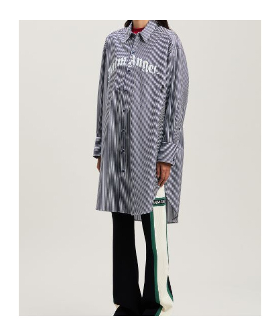 Palm Angels Striped Logo Print Midi Shirt Dress In Navy Blue - Off White