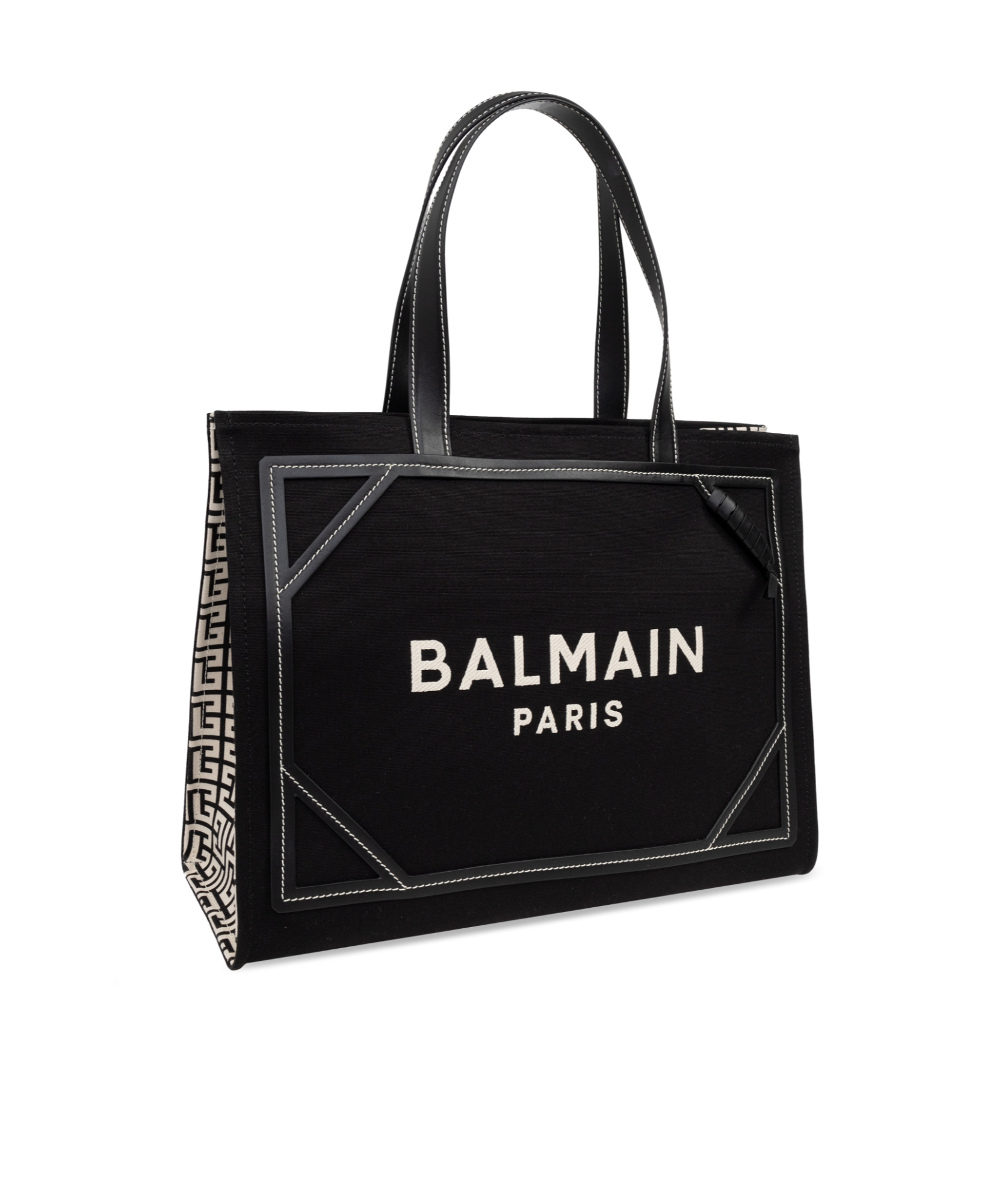 Balmain B-army Medium Shopper In Black And White Canvas And Leather In Black