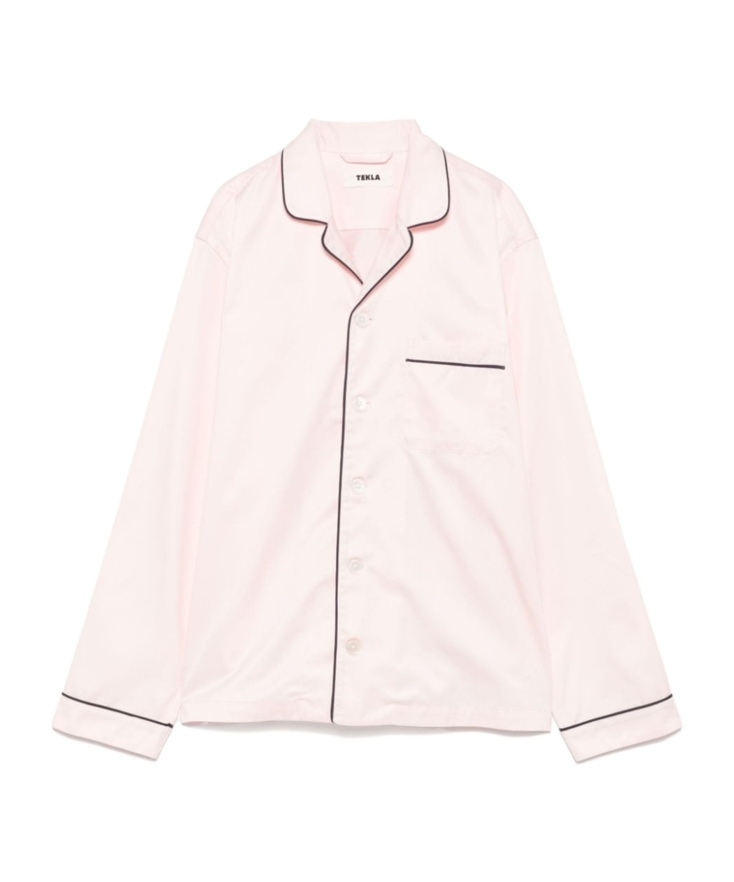 Tekla Satin Nightshirt With Chest Pocket And Contrast Piping In Pink