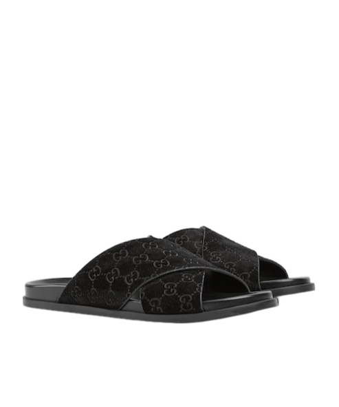 Gucci Men Black Suede Slippers In Black