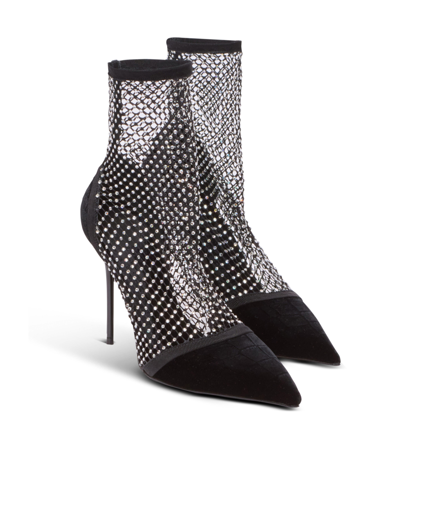 Balmain Mesh Heeled Ankle Boots With Velvet And Rhinestones In Black