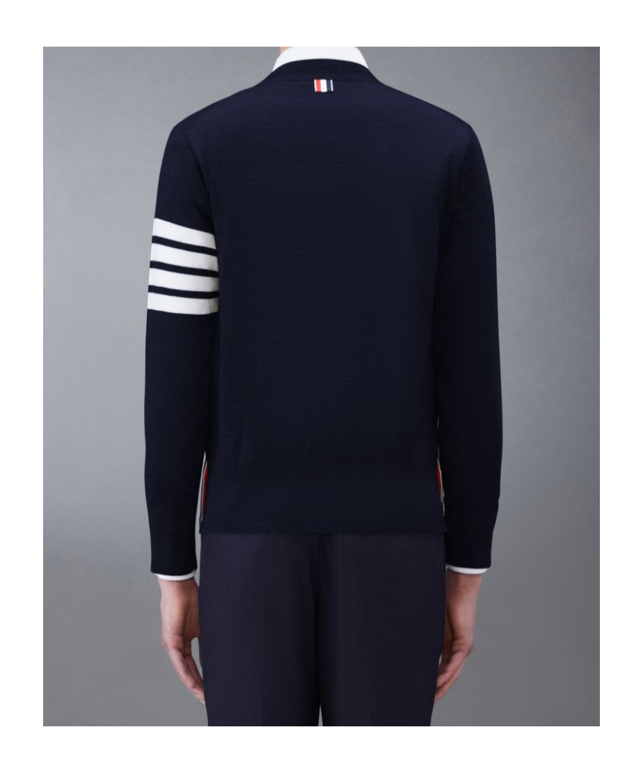 Thom Browne Jersey Stitch Relaxed Fit V Neck Cardigan In Fine Merino Wool With 4 Bar Stripes In Black
