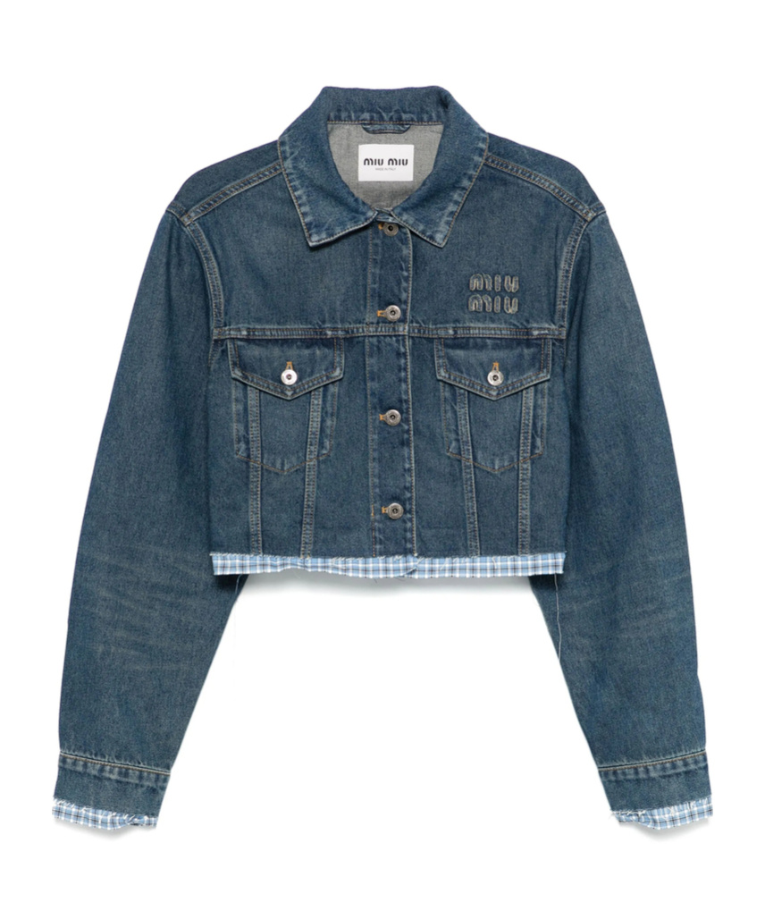 Miu Miu Logo Patch Cropped Denim Jackets In Blue