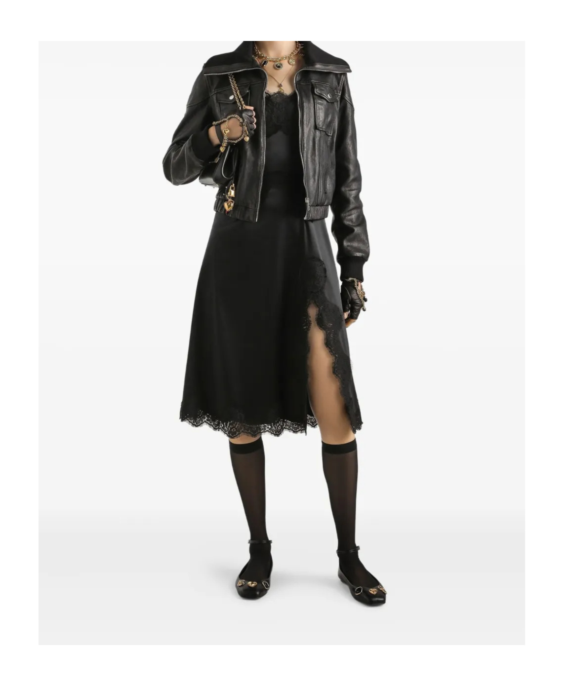 Dolce & Gabbana Lace Trim Satin Dress With Spaghetti Straps In Black