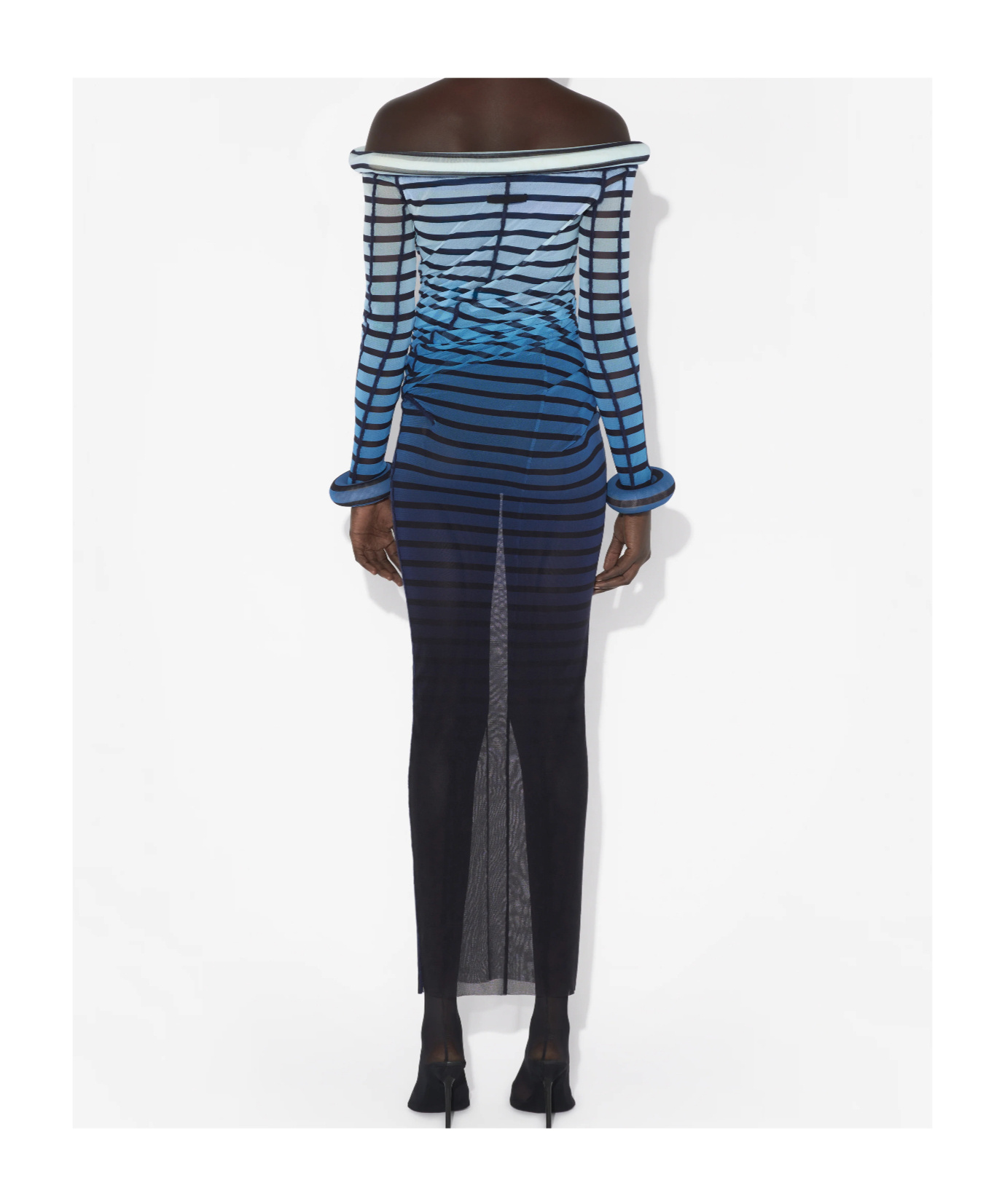 Jean Paul Gaultier Elegant Mesh Boat Neck Long Dress With 3d Collar And Cuff In Blue