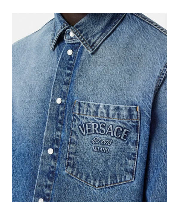 Versace Indigo Blue Washed Denim Shirt With Embossed Logo