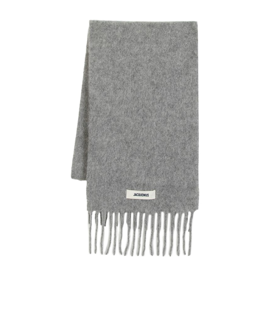 Jacquemus Logo Patch Fringed Scarf In Gray