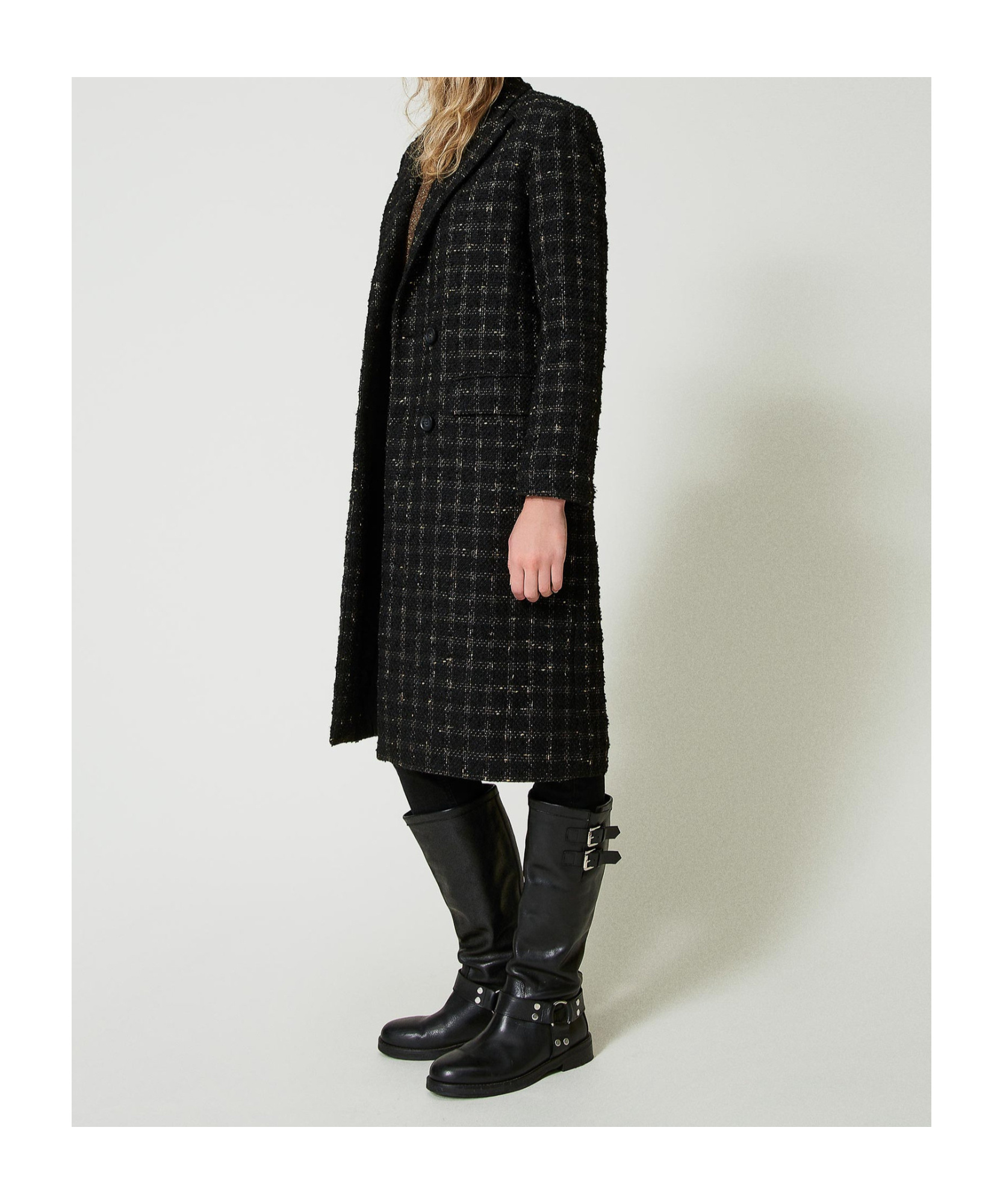 Shop Twinset Check Pattern Bouclé Coat In Black