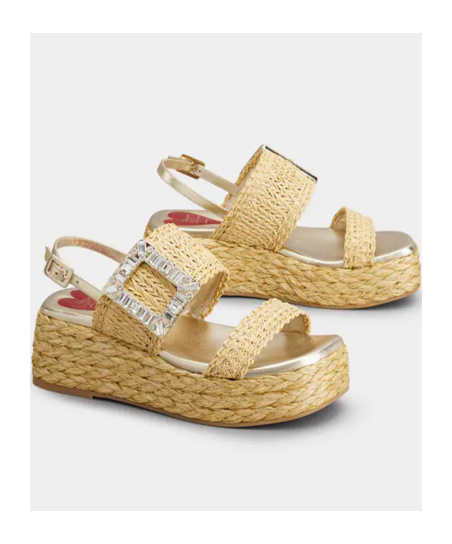 Shop Roger Vivier Strass Buckle Wedge Sandals In Raffia In Beige