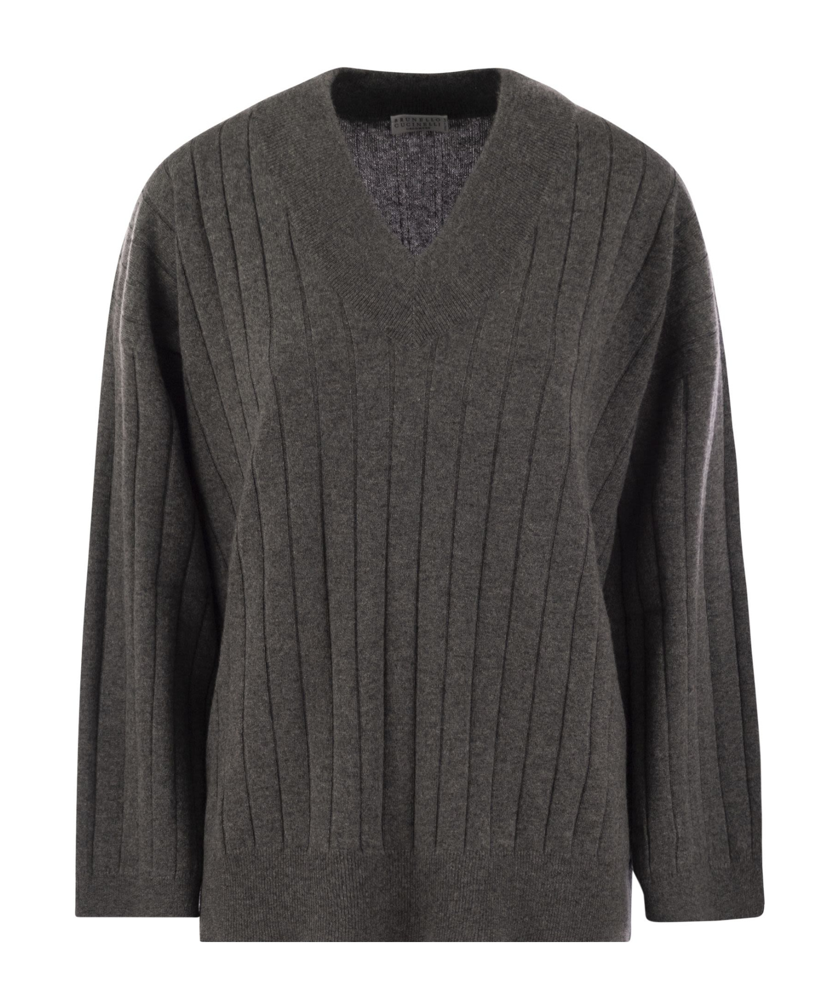 Brunello Cucinelli Luxury Cashmere V-neck Sweater With Luminous Neck Detail In Black