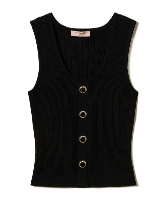 Twinset Top In Maglia Con Bottone Decoro Top-wear In Black