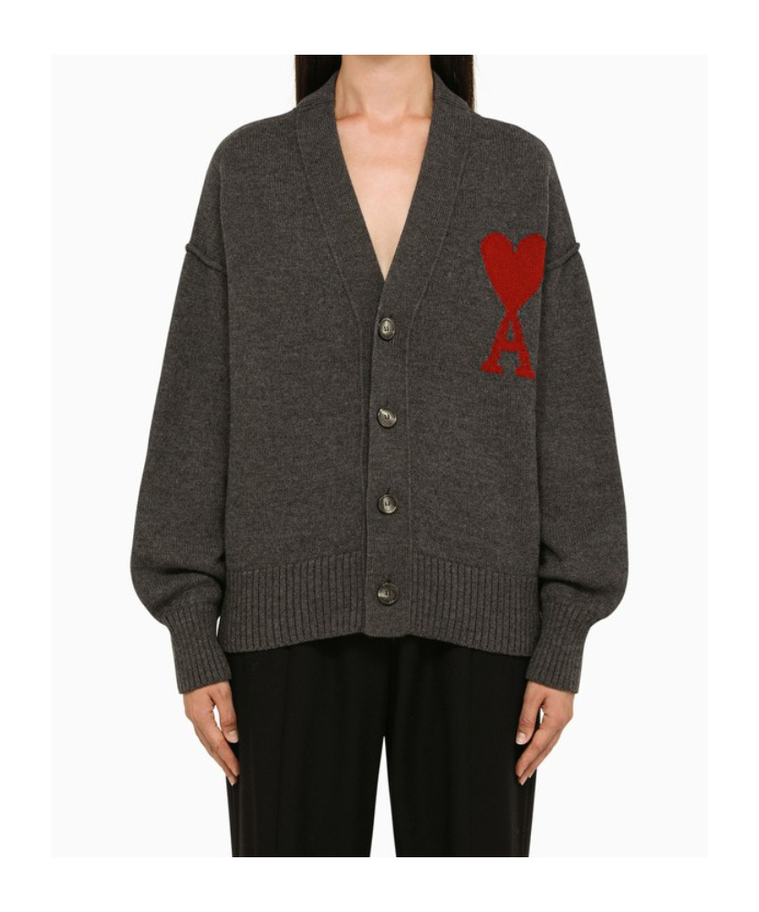 Ami Alexandre Mattiussi Heather Grey Wool Cardigan With Embroidered Logo In Gray