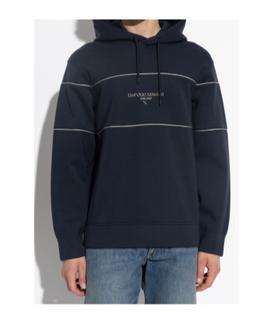 Emporio Armani Double-jersey Hooded Sweatshirt With 3d-effect Logo In Blue