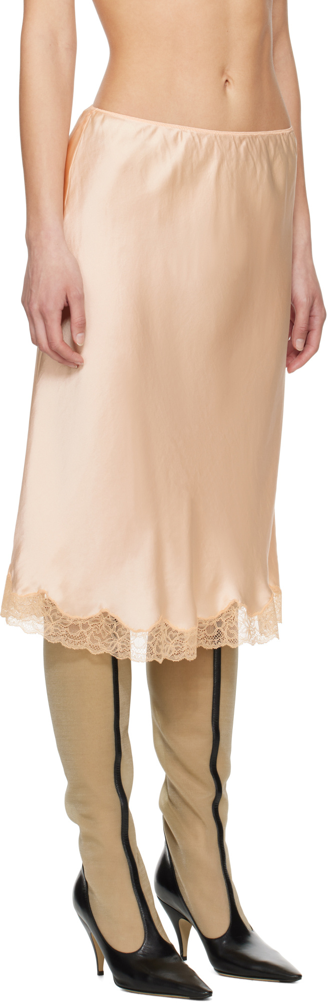 The Row Irene Silk Satin Midi Skirt W/ Lace In Nude