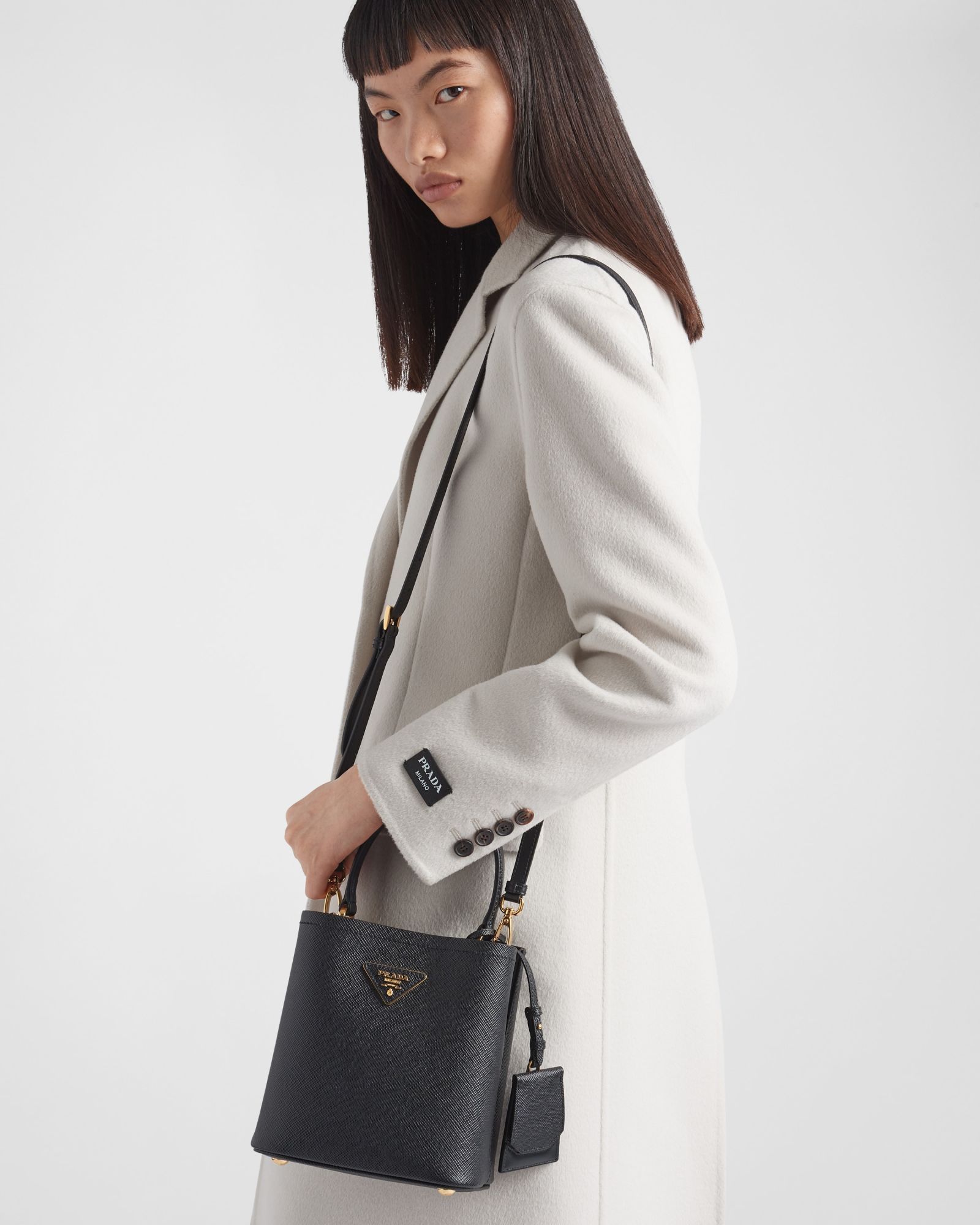 Prada Small Saffiano Leather Bucket Bag In Black