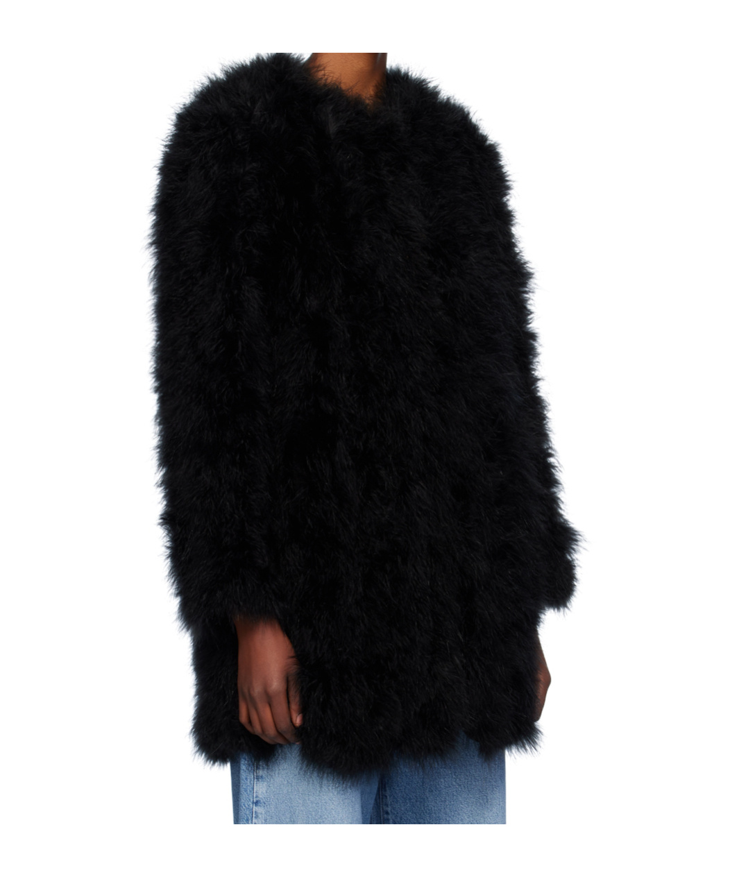 Shop Yves Salomon Feather Round-neck Casual Coat In Black
