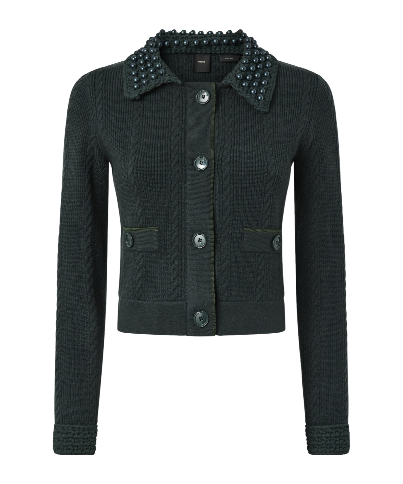 Pinko Cable-knit Pearl-embellished Cardigan In Green