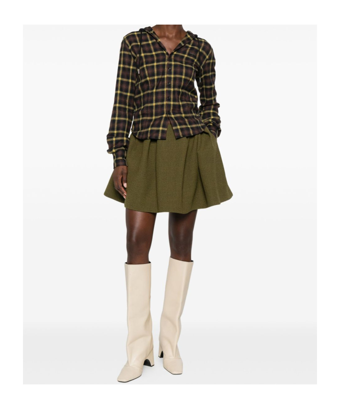Coperni Plaid Brown Shirt With Hood And Button-down Detail In Brown