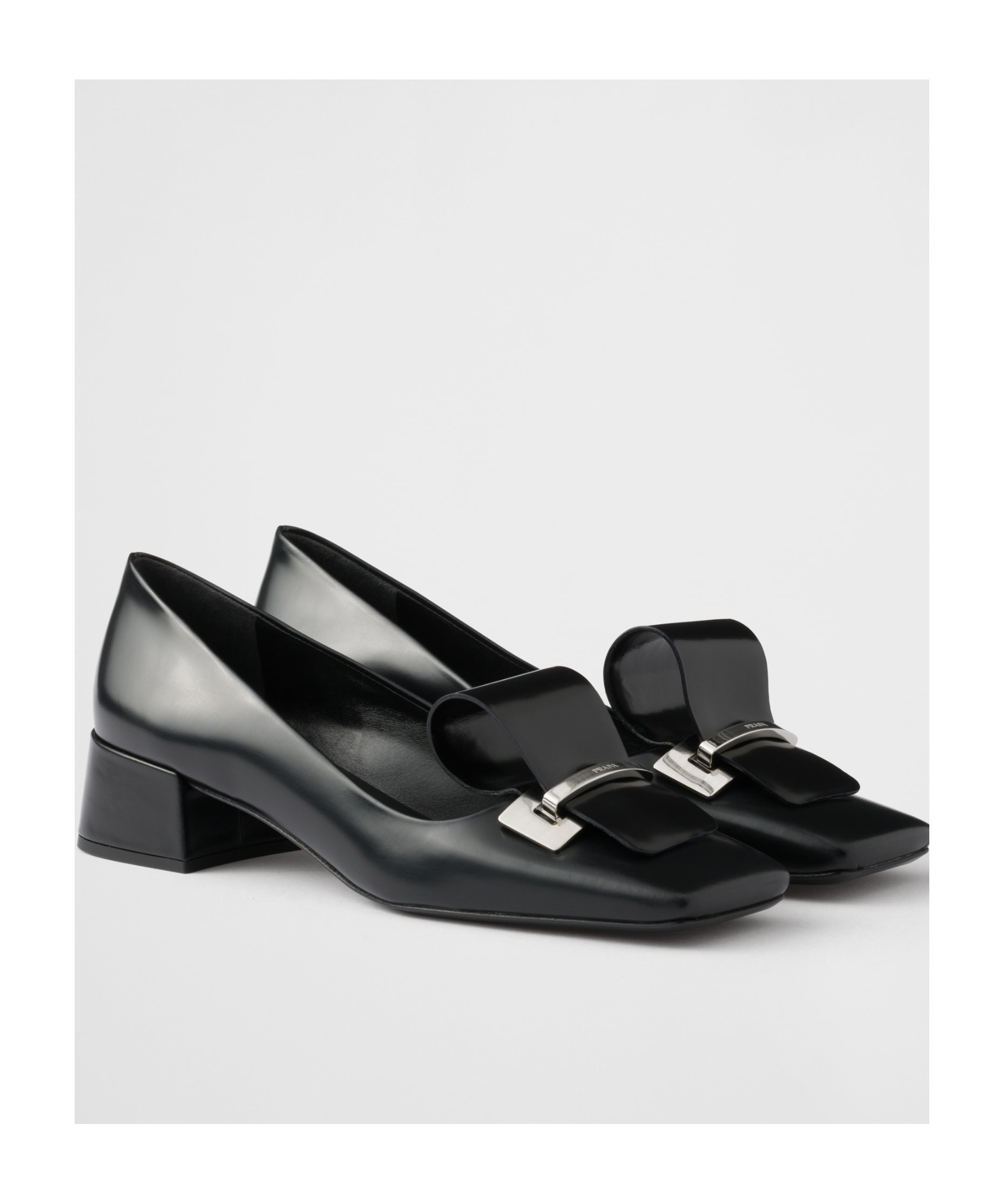Prada Leather Pumps With Block Heel And Bow In Black