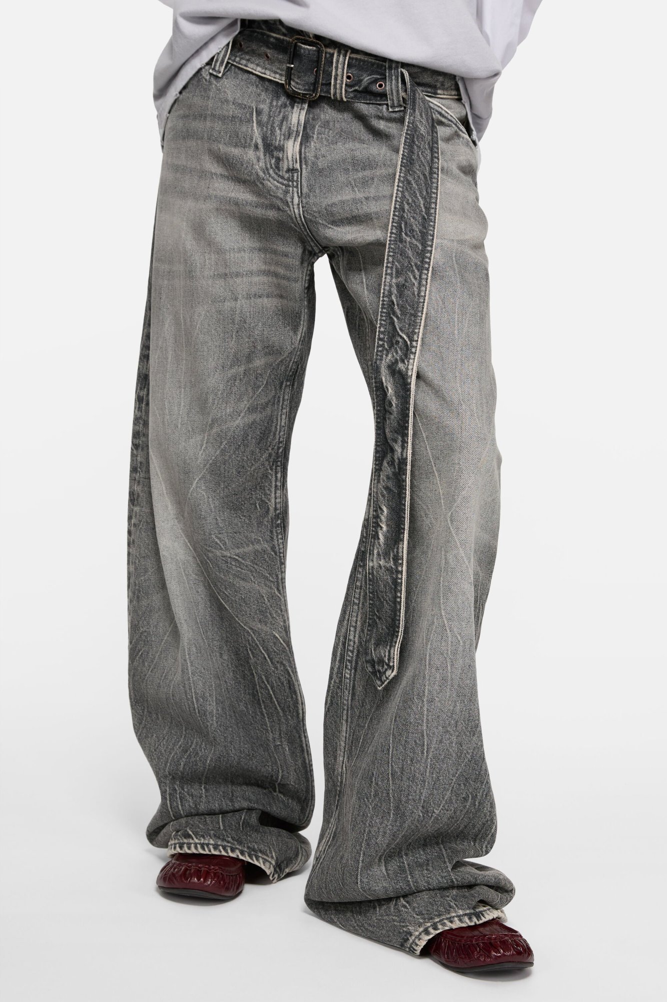 Acne Studios Womens Washed Black Belted Wide-leg Denim Jeans In Gray