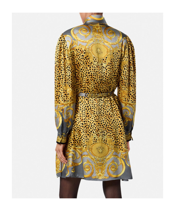 Versace Dress Cheetah Foulard On Silk Crepe Satin Lw Clothing In Gray