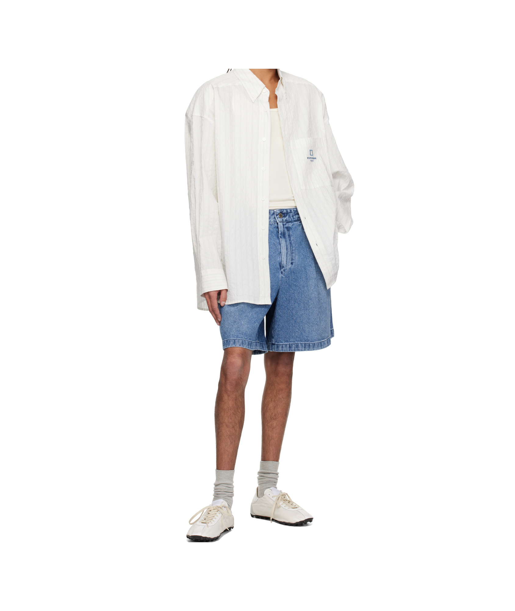 Wooyoungmi Blue One-tuck Washed Corduroy Denim Shorts In Blue