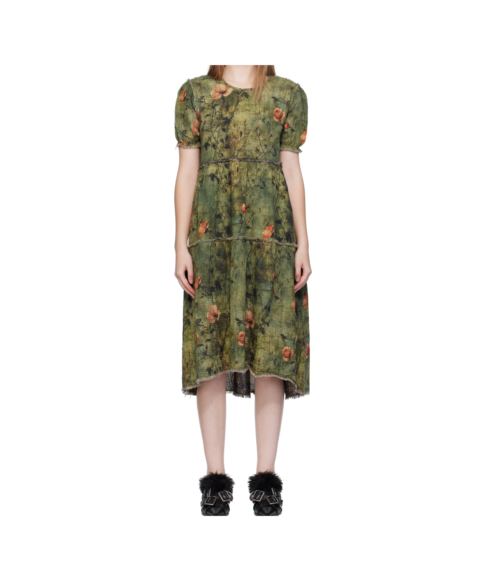R13 Green Shredded Relaxed Reversible Midi Dress In Green