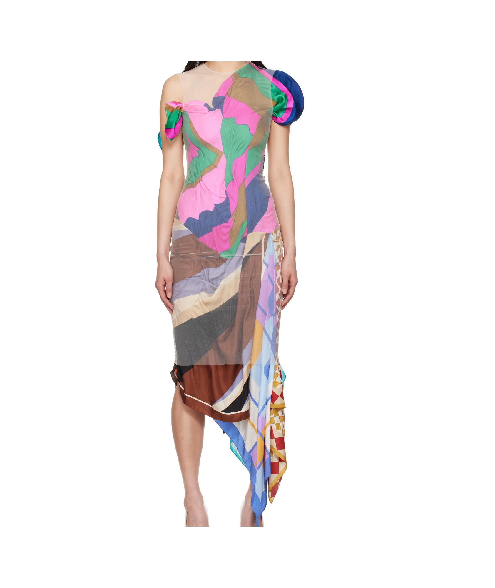 Marine Serre Multicolor Regenerated Silk Scarves Fitted Maxi Dress In Nude