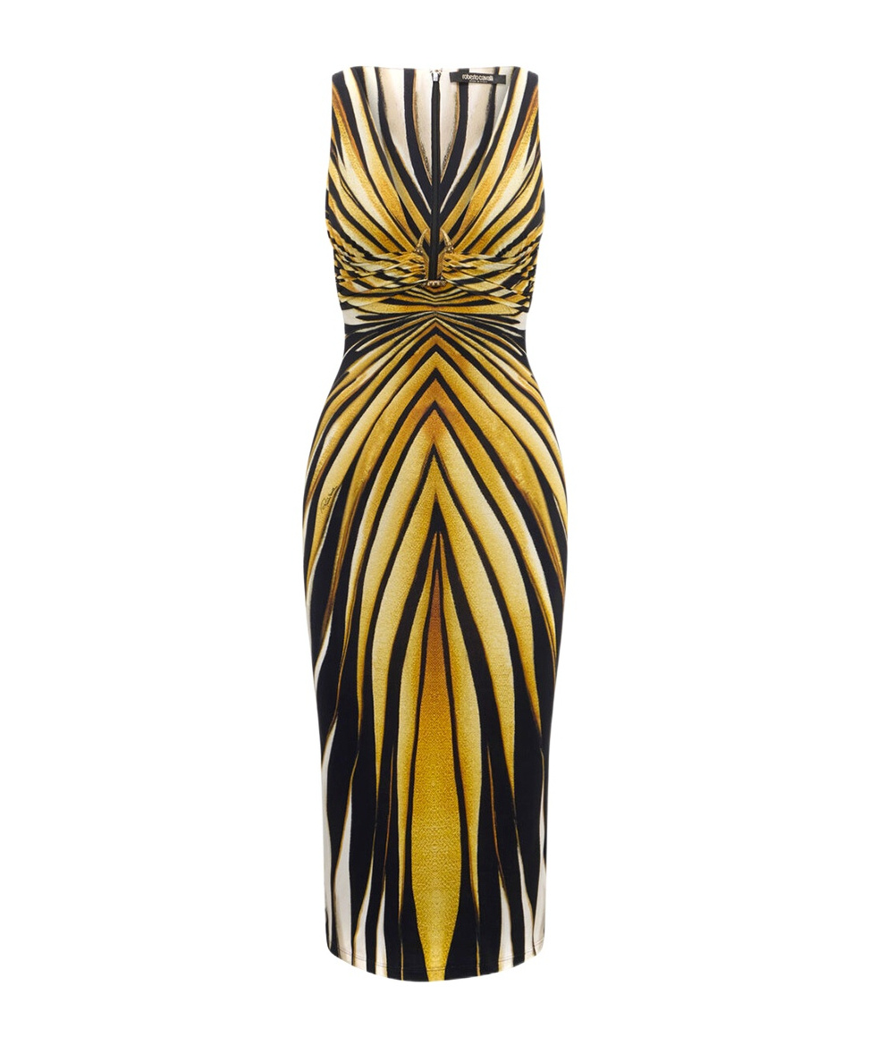 Shop Roberto Cavalli Ray Of Gold Print Midi Dress In Black