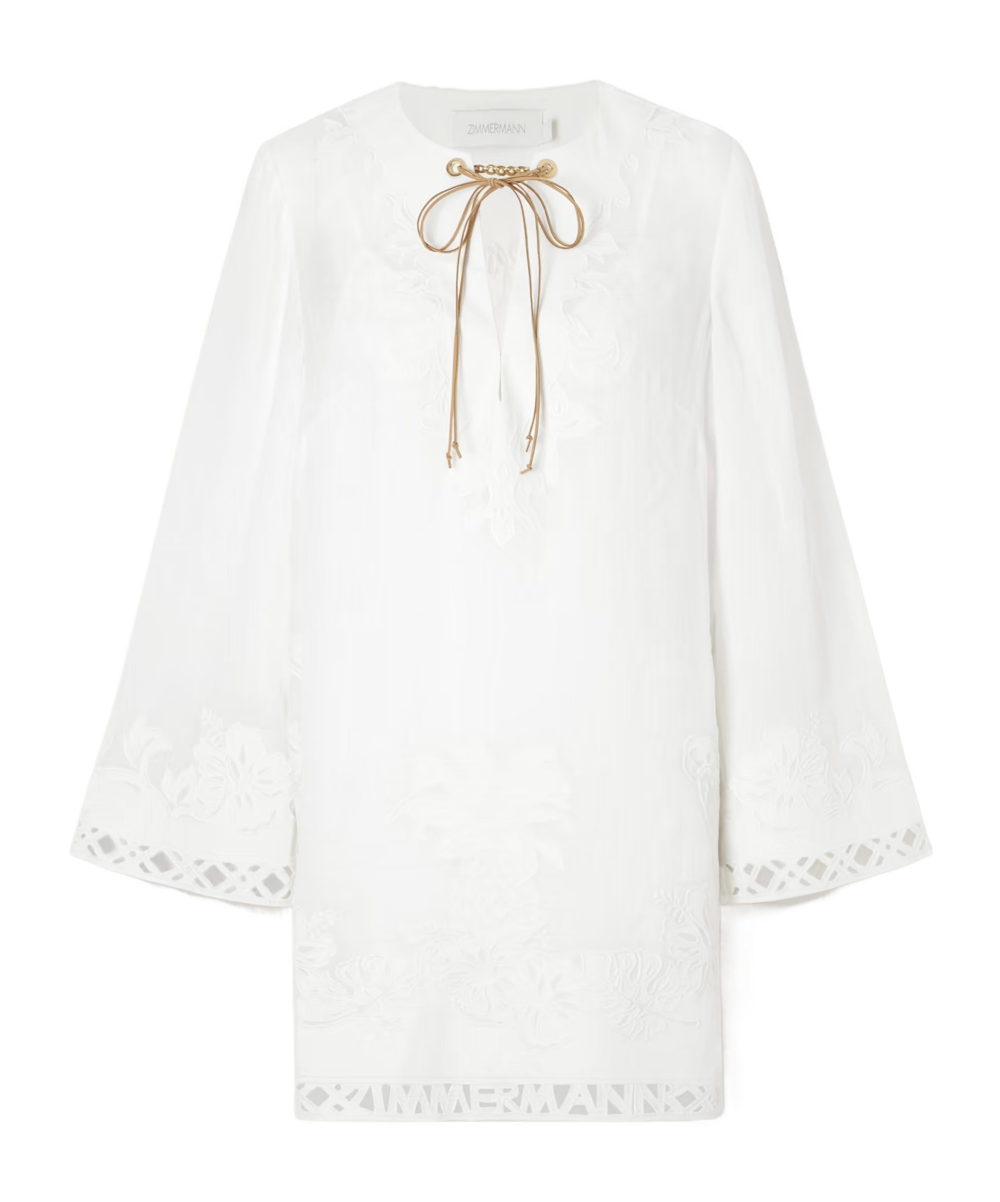 Zimmermann Indra Belted Embroidered Ramie Mini Dress In White