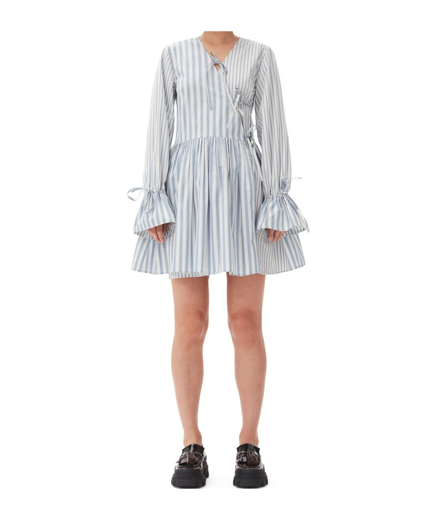 Ganni Stripe-print Cotton Mini Wrap Dress In White